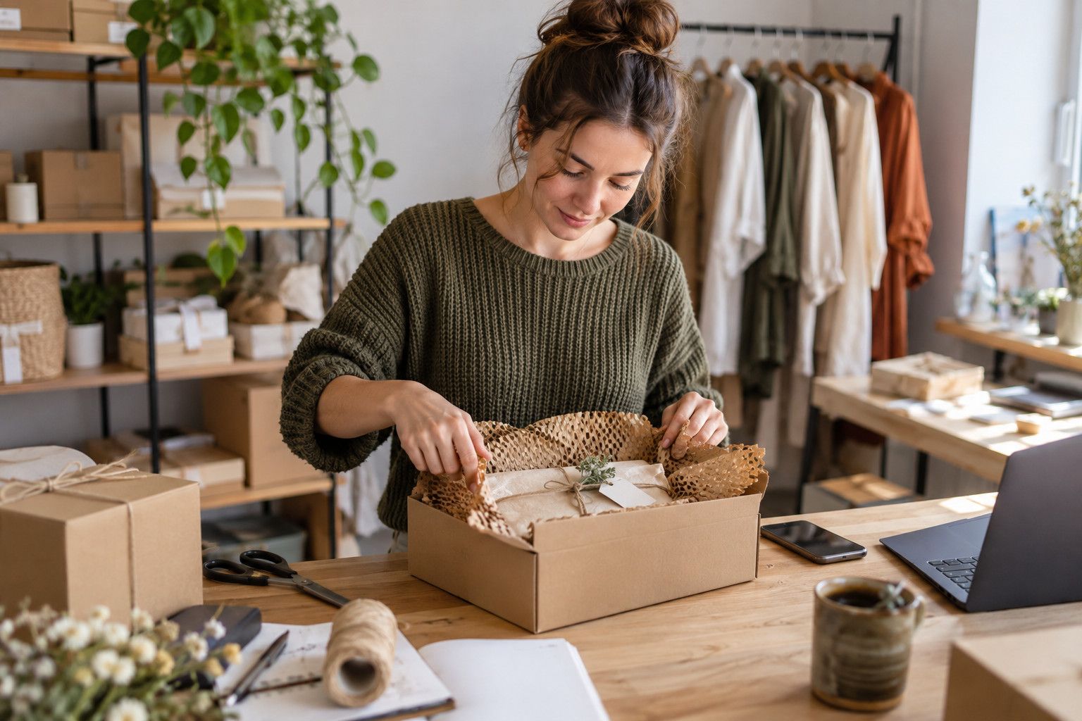 Online store owner packing an order