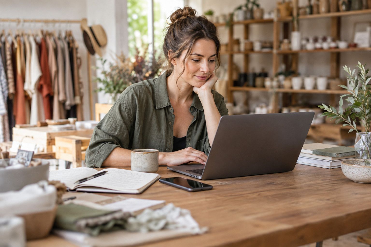 Store owner planning a promotion at her laptop